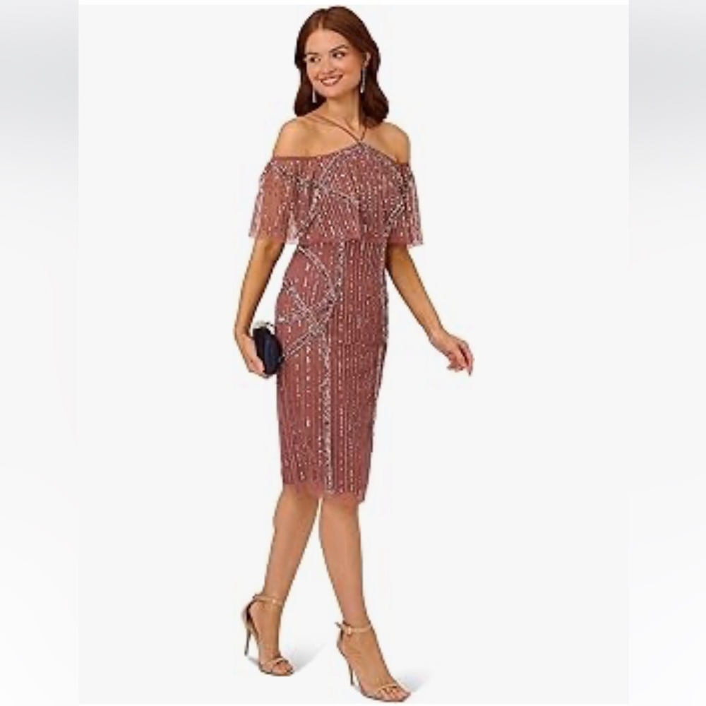 adrianna papell beaded off the shoulder dress plum